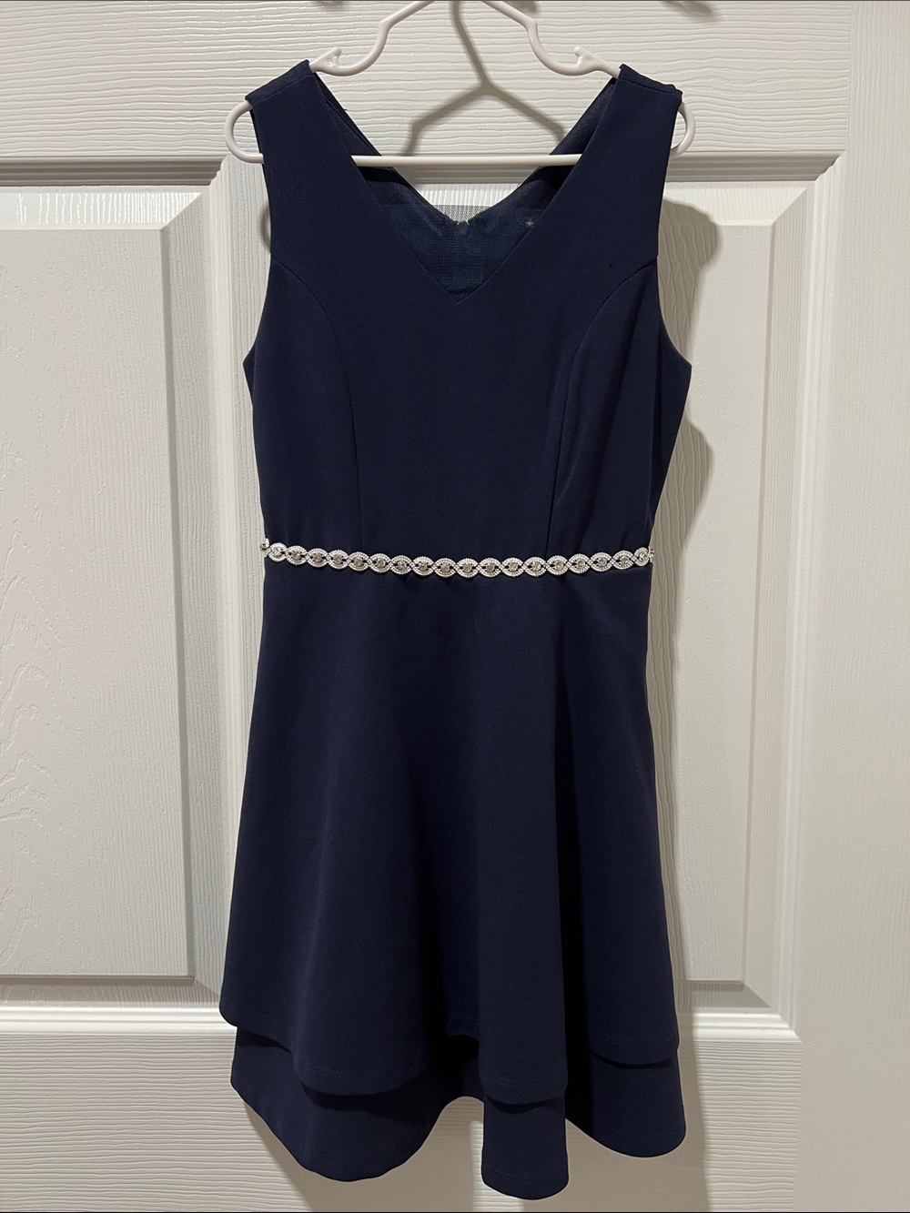 Girls' Navy V-Neck Sleeveless Formal Dress with Rhinestone Belt